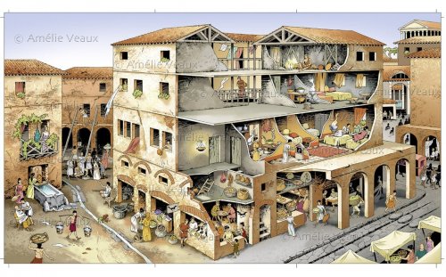 Reconstrução de uma Ínsula, uma construção romana para a população mais simples. Ilustração de Amélie Veaux.