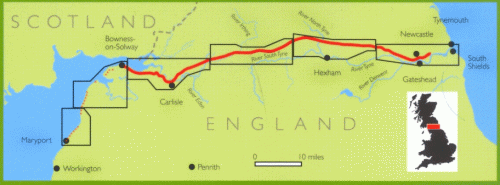 A linha vermelha mostra a localização da Muralha de Adriano ao norte da Inglaterra.