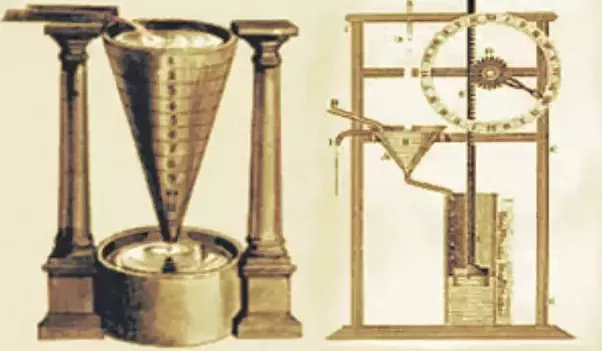 Dois modelos de relógios de água usados por gregos e romanos para marcar o tempo de discursos em audiências públicas.