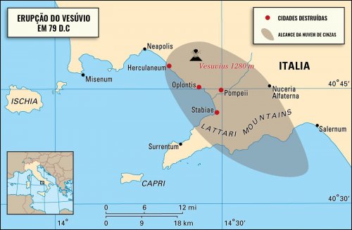 Mapa com detalhes da erupção do Vesúvio.