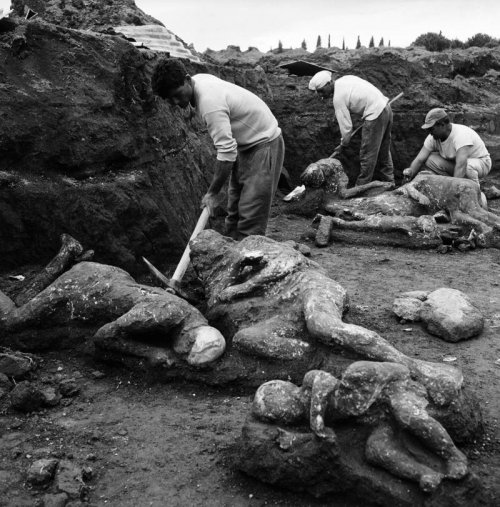 A descoberta de corpos humanos mortos na erupção do Vesúvio. Pompéia.