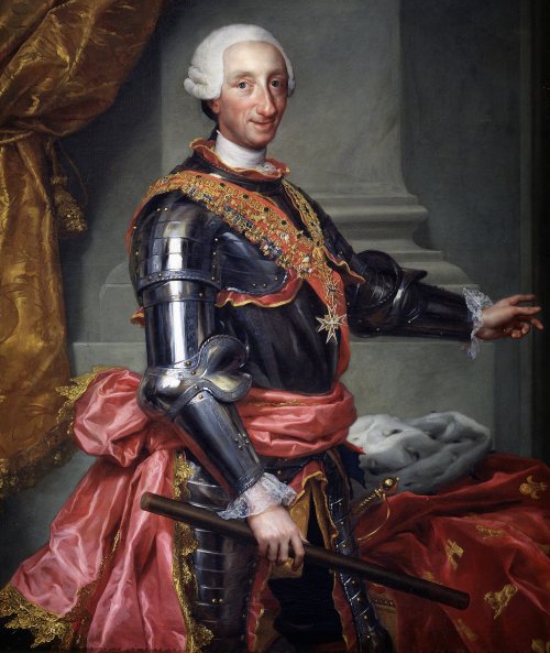 Retrato de Carlos VII, rei da Espanha, Nápoles e Sicília. Na Espanha ele era conhecido como Carlos III. Retrato feito por Anton Raphael Mengs. Via Wikimedia Commons.