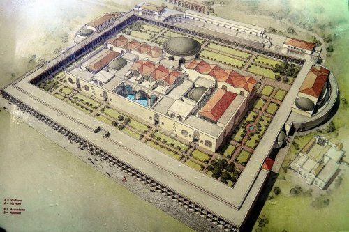 Uma reconstrução do grande complexo que eram as Termas de Caracala, construídas no século 3 d.C. Ilustração moderna, autor desconhecido.