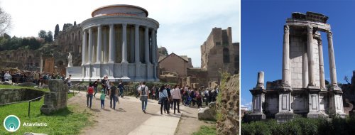 O Templo de Vesta em Roma. A direita o seu estado atual, e a esquerda uma reconstrução feita pelo aplicativo Atavistic.