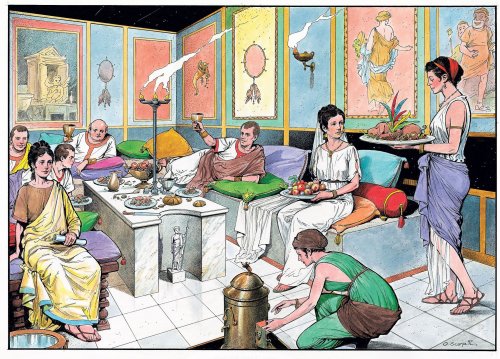 Um banquete romano. Ilustração moderna, autor desconhecido.