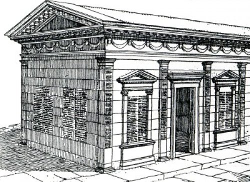 Reconstrução da Casa Regia feita por S.B. Platner para uma obra sobre Roma publicada em 1911 (The Topography and Monuments of Ancient Rome).