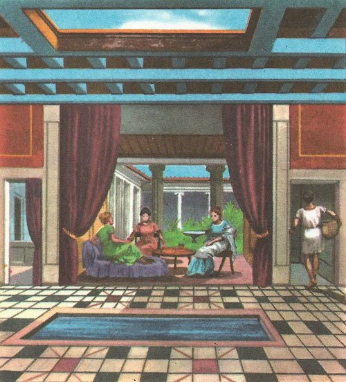 Ilustração mostrando romanos reunidos no tablinum. Autor desconhecido.