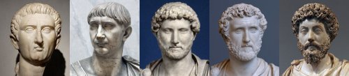 Os imperadores adotivos: Nerva, Trajano, Adriano, Antonino Pio e Marco Aurélio.