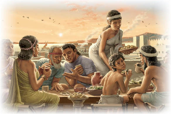 Uma família na Mesopotâmia. Ilustração moderna, imagem puramente ilustrativa.