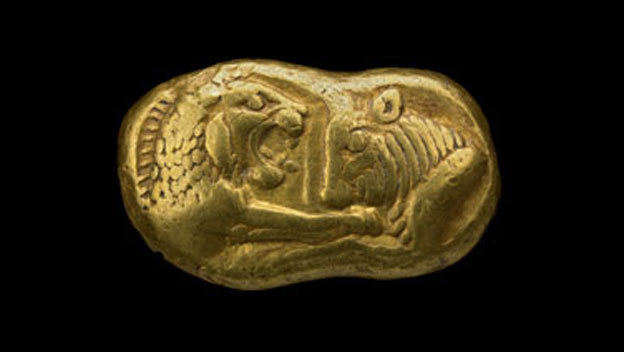 Moeda de ouro de Croesus. Lídia. Século 6 a.C. Museu Britânico.