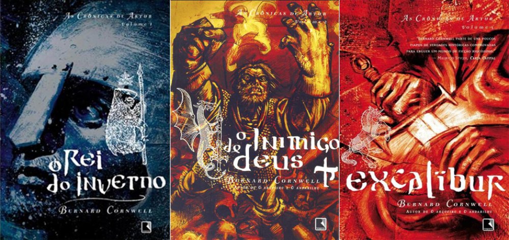 Livros da Trilogia As Crônicas de Artur - O Rei do Inverno, O Inimigo de Deus e Excalibur.