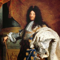 O rei francês Luís XIV (1638-1715), o Rei Sol, retratado em pintura de Hyacinthe Rigaud.