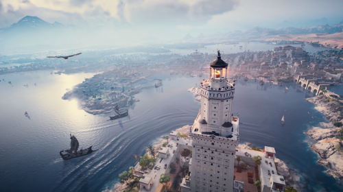 A cidade de Alexandria na antiguidade, conforme retratada no jogo Assassin's Creed Origins.