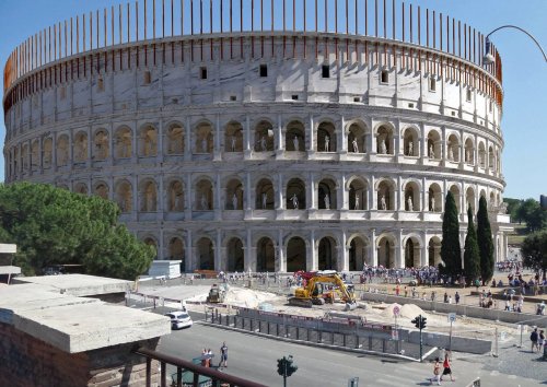 Reconstrução da aparência original do Coliseu no século 1 d.C. Autor desconhecido.