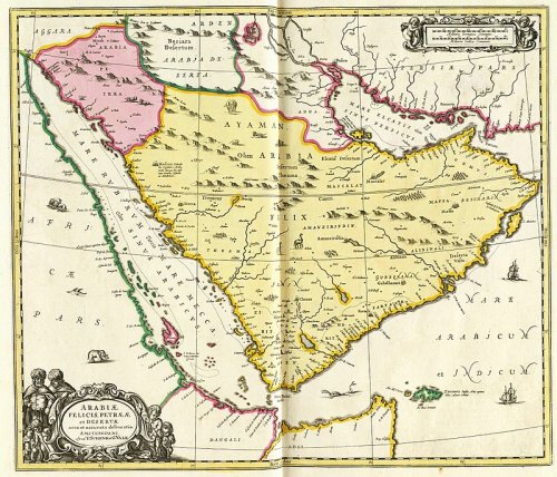 Esse mapa de Schenk, Valck e Janssonius, feito no século 17, mostra a Arabia Felix (em amarelo), tendo ao norte a Arábia Pétrea (rosa) e a Arábia Deserta (branca). A Arábia só se unificou com as fronteiras atuais depois da Primeira Guerra Mundial.