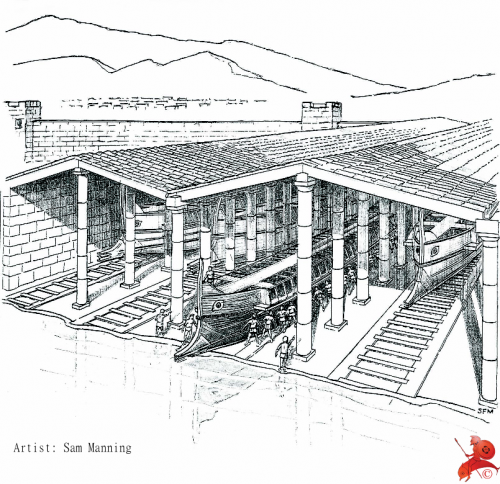 Uma reconstrução da aparência original dos galpões do Pireu, em Atenas. Ilustração de Sam Manning.