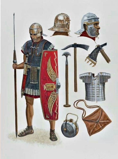 Os soldados romanos utilizavam a malha de ferro como proteção principal. Ilustração de soldado romano produzida por Sean O' Brogain para a obra Legionários romanos de 69-161 d.C, publicado pela editora Osprey. Apenas em inglês.