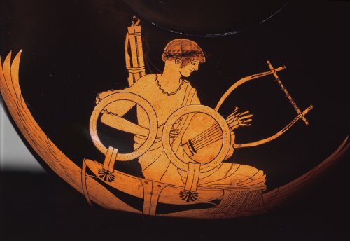 Representação do deus Apolo com uma khitara em vaso grego do período clássico. Museu do Vaticano. N° 16568