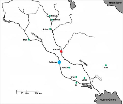 A localização da Babilônia e das principais cidades de seu tempo. Em vermelho a localização da atual capital do Iraque, Bagdá.