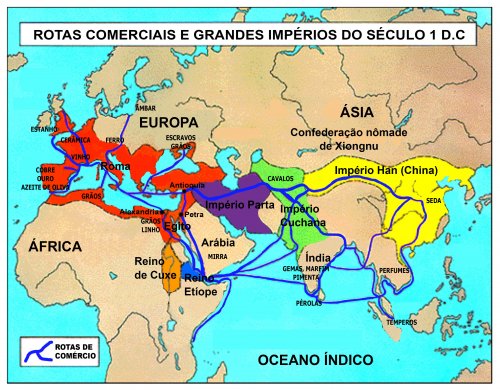 As grandes rotas comerciais do século 1 d.C. na Eurásia e norte da África.