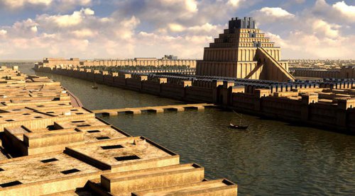 Reconstrução do Zigurate da Babilônia feita por computador pelo projeto Babylon 3D, mais informações abaixo.