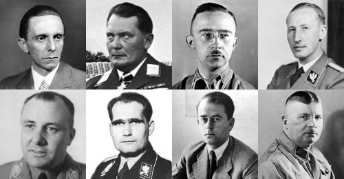 O círculo interno de Hitler, da esquerda para a direita. Em cima: Goebbels, Goring, Himmler, Heydrich. Embaixo: Martin Bormann, Hesse, Speer, Rohm.