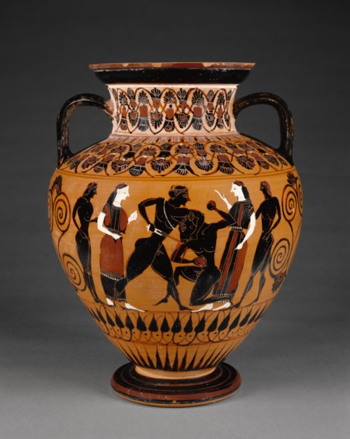 Vaso de figura negra mostra Teseu matando o Minotauro, observado pelas jovens e rapazes atenienses que o acompanharam a Creta. Cerca de 550 a.C. Museu Getty. N° 85.AE.376. 