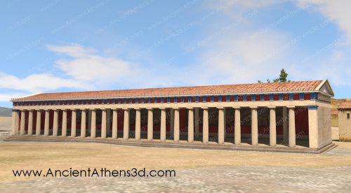 A Stoa de Atenas no século 4-3 a.C., onde Zeno de Cítio costumava ensinar. Reconstrução do site Ancient Athens 3D.