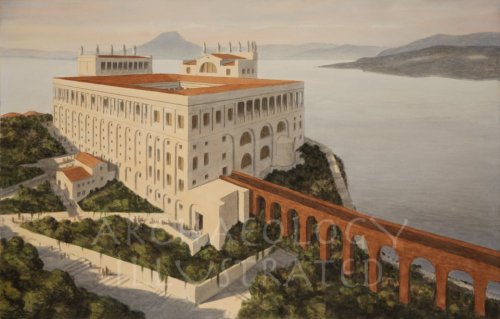 O palácio de Tibério na ilha de Capri, conhecido como Vila de Júpiter. Reconstrução do site Archaeology Illustrated.