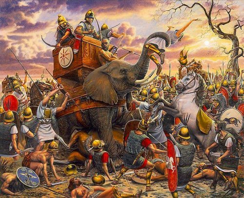 Elefante cartaginês sendo atacado por soldados romanos na batalha de Zama. Ilustração moderna, autor desconhecido.