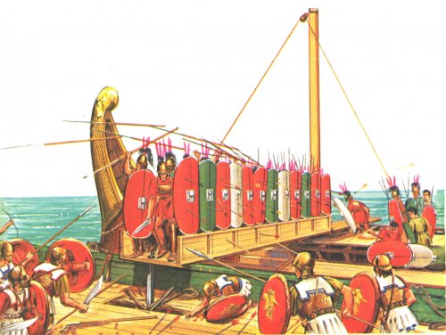 Nas Guerras Púnicas (século 3 a.C.) os romanos desenvolveram o Corvus. Como os cartagineses eram mais habilidosos nas manobras no mar, os romanos criaram uma rampa que poderia ser baixada sobre os navios inimigos, assim as batalhas navais eram praticamente transformadas em batalhas de infantaria.