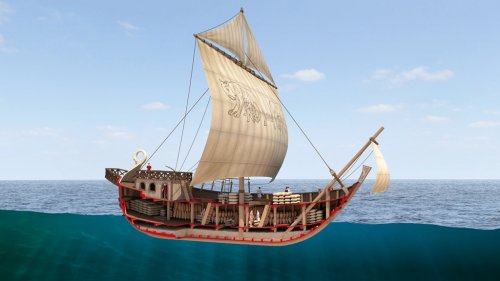 Essa reconstrução de um navio mercante romano mostra um corte lateral para a visualização de sua carga. Autor desconhecido.