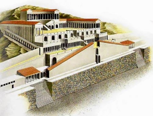 Reconstrução do Templo da Fortuna Primigênia, Palestrina, Itália. Ilustração moderna, autor desconhecido.