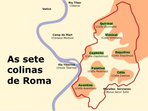 Mapa com a localização das sete colinas de Roma à leste do rio Tibre.