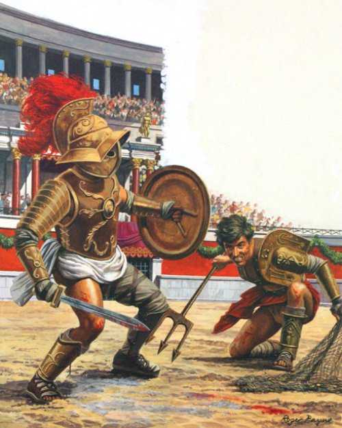 Gladiadores. Ilustração de Roger Payne disponível na The Illustration Art Gallery.