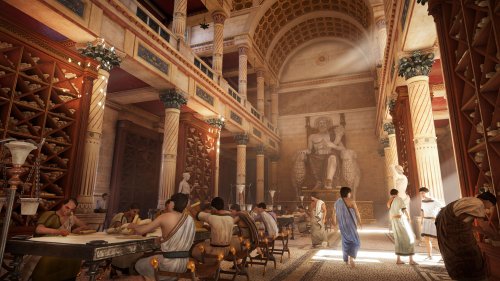 A Biblioteca de Alexandria, conforme imaginada pelos realizadores do jogo Assassin's Creed Origins.