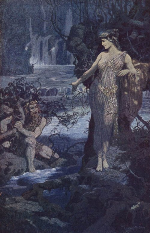 Enkidu sendo tentado pela prostituta de Ishtar. Obra do iliustrador Ernest Wallcousins (1883–1976).