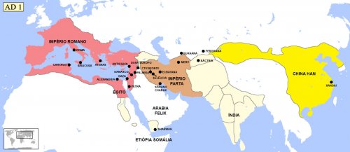 Principais cidades envolvidas nas rotas comerciais orientais no século 1 d.C. Localizações aproximadas. Também marquei algumas cidades dentro do Império Romano para uma melhor compreensão das localizações.