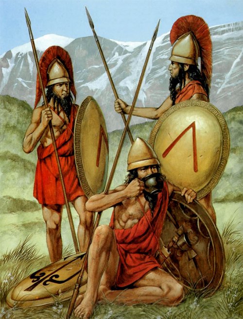 Membros do exército de Esparta no século 5 a.C. Ilustração de Richard Hook.