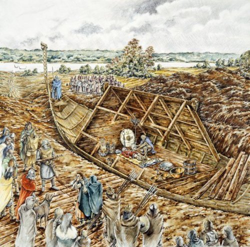 Ilustração moderna mostrando uma reconstrução da tumba de Sutton Hoo, construída no século 6 e 7.