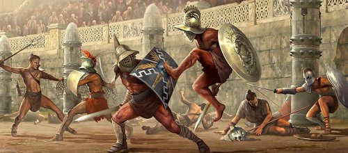Gladiadores lutando no Coliseu. Ilustração moderna. Artista desconhecido.