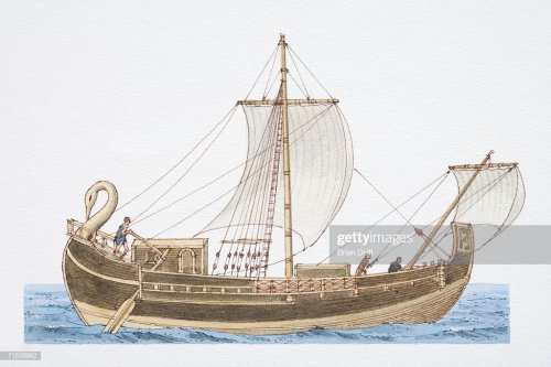 Esse modelo de barco mercante era conhecido como corbita. Ilustração moderna, autor desconhecido.