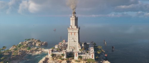 Representação do Farol de Alexandria no jogo Assassin's Creed Origins. Na falta de fotos sobre o tema, iremos utilizar algumas fotos desse jogo nesse artigo. Fique atento ao fato de que essas são representações modernas.