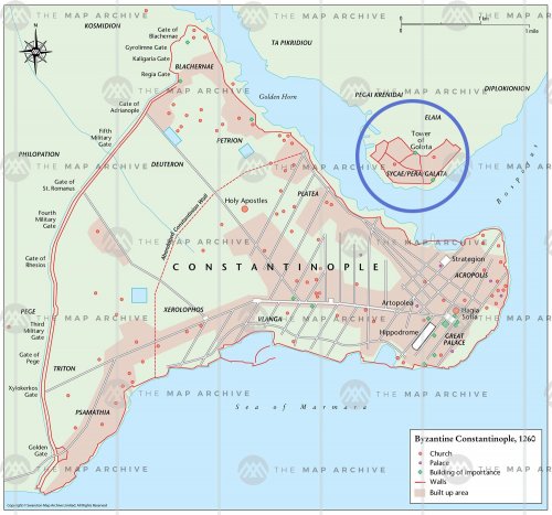 Sycae (Galata) - o local em destaque no mapa - era uma área que ficava do outro lado do estreito conhecido como Corno de Ouro.