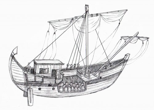 Um diagrama aproximado de um barco mercante romano carregando ânforas. Via Wikimedia Commons. Autor Matthew Jose Fisher.