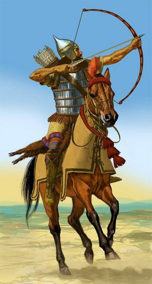 Um arqueiro assírio do milênio 1 a.C. Ilustração moderna, autor desconhecido.