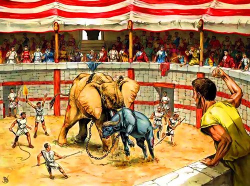 Essa ilustração moderna mostra um elefante lutando contra um búfalo em uma arena romana, para delírio do público. Autor desconhecido.