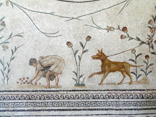 Mosaico romano mostrando um cão e um agricultor. Museu Nacional do Bardo, Tunísia.
