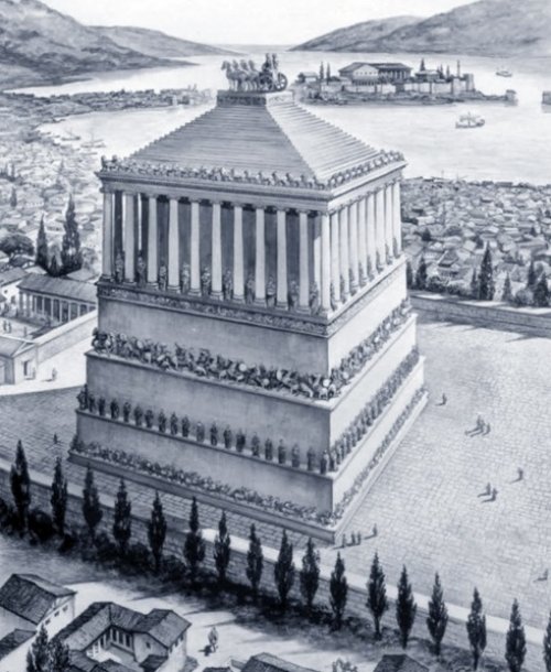 Essa imagem é uma reconstituição moderna da provável aparência do Mausoleu de Halicanarsso. Essa construção não existe mais, os únicos vestígios que possuímos são relatos de observadores da época e algumas estátuas que decoravam a construção.