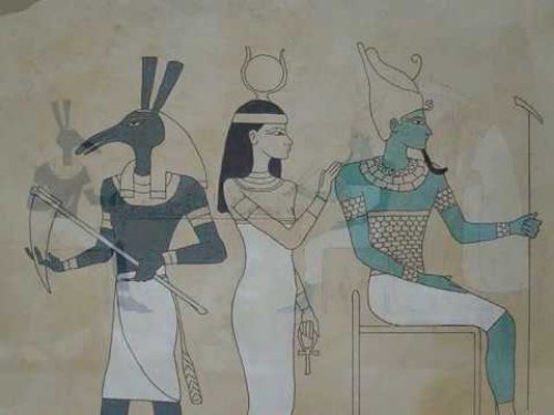 Da esquerda para a direita: os deuses Set, Ísis e Osíris. Ilustração de origem desconhecida.
